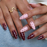 Handmade- Pink Burgundy Poppy Polka Dots Press On Nail Set