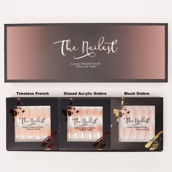 Gift Box 3 Set Combo *Ultimate Shortie Nude Trio* Short Almond Instant Luxury Acrylic Press On Nails