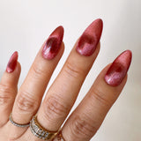 Handmade- Shadow Hearts, Ruby Red Cat-eye Paper Clip Heart Press On Nail Set