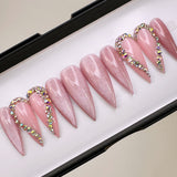 Handmade- Darling Heart Dazzle, Pink Cateye w/ Crystal Accents