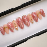 Handmade- Strawberry Quartz, Pink Marble and Gold Detail Press On Nail Set