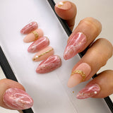 Handmade- Strawberry Quartz, Pink Marble and Gold Detail Press On Nail Set