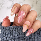 Handmade- Strawberry Quartz, Pink Marble and Gold Detail Press On Nail Set