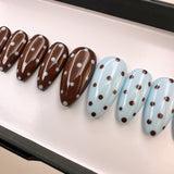 Handmade- Mocha Powder Blue Poppy Polka Dots Press On Nail Set