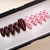 Handmade- Pink Burgundy Poppy Polka Dots Press On Nail Set