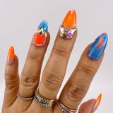 Handmade- Neon Orange Bahamas Blue Foil Crystal Bling Ombre Press On Nail Set