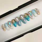 Handmade- Blue Barbie Blue White Ombre Fairy Dust Glitter Crystal Press On Nail Set
