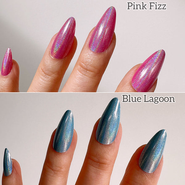 Instant Glam- Holo Mellow, Pink Fizz, Blue Lagoon, Almond Iridescent Holo Press On Nail Set