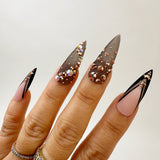 Handmade- Black Tuxedo, Sheer Black French and Gold Crystal Press On Nails