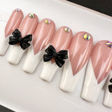 Handmade- Black Bow Tuxedo White French Press On Nails