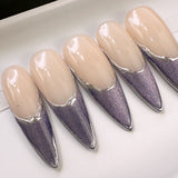 Handmade- Tinsel Town French, Blue Cat-eye French Silver Chrome Press On Nail Set