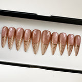 Handmade- Mistletoe, Rose Cat-eye base with Gold Chrome Line Press On Nail Set