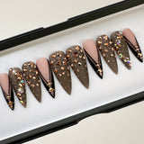 Handmade- Black Tuxedo, Sheer Black French and Gold Crystal Press On Nails