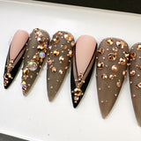 Handmade- Black Tuxedo, Sheer Black French and Gold Crystal Press On Nails