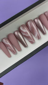 Handmade- First Love Matte Nude Pink Shimmery Marble Press On Nail Set