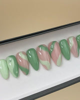 Handmade- Zen Wave, Green And Nude Press On Nails