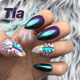 HANDMADE- TIA! PEACOCK GLOSSY CHAMELEON CHROME IRIDESCENT FOIL FLAKES W/BING CRYSTAL ACCENTS
