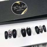 Handmade- Glossy Black Pearl Glitter Bling Crystal Ombre Press On Nail Set