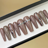 HANDMADE- THE WILD THING SNAKE PRINT BROWN GOLD GLITTER PRESS ON NAIL SET