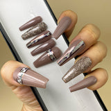 HANDMADE- THE WILD THING SNAKE PRINT BROWN GOLD GLITTER PRESS ON NAIL SET