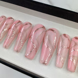 Handmade- Pink Quartz w Rose Gold Reflective Gel Press On Nail Set