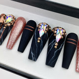 Handmade- Black Swan Rose Gold Black Marble Foil Bling Crystal Press On Nail Set