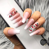 Handmade- Cherry Pop Soph Pink Baby Boomer Ombre W/ Red Cherry Bling Press On Nail Set