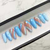 Handmade- Zen Wave, Blue And Nude Press On Nails