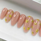 Handmade- Classic Soph Pink Base w/ Smiley Face Detail Press On Nail Set
