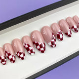 Handmade- Twister Burgundy N White, Grand Prix Checker Press On Nails