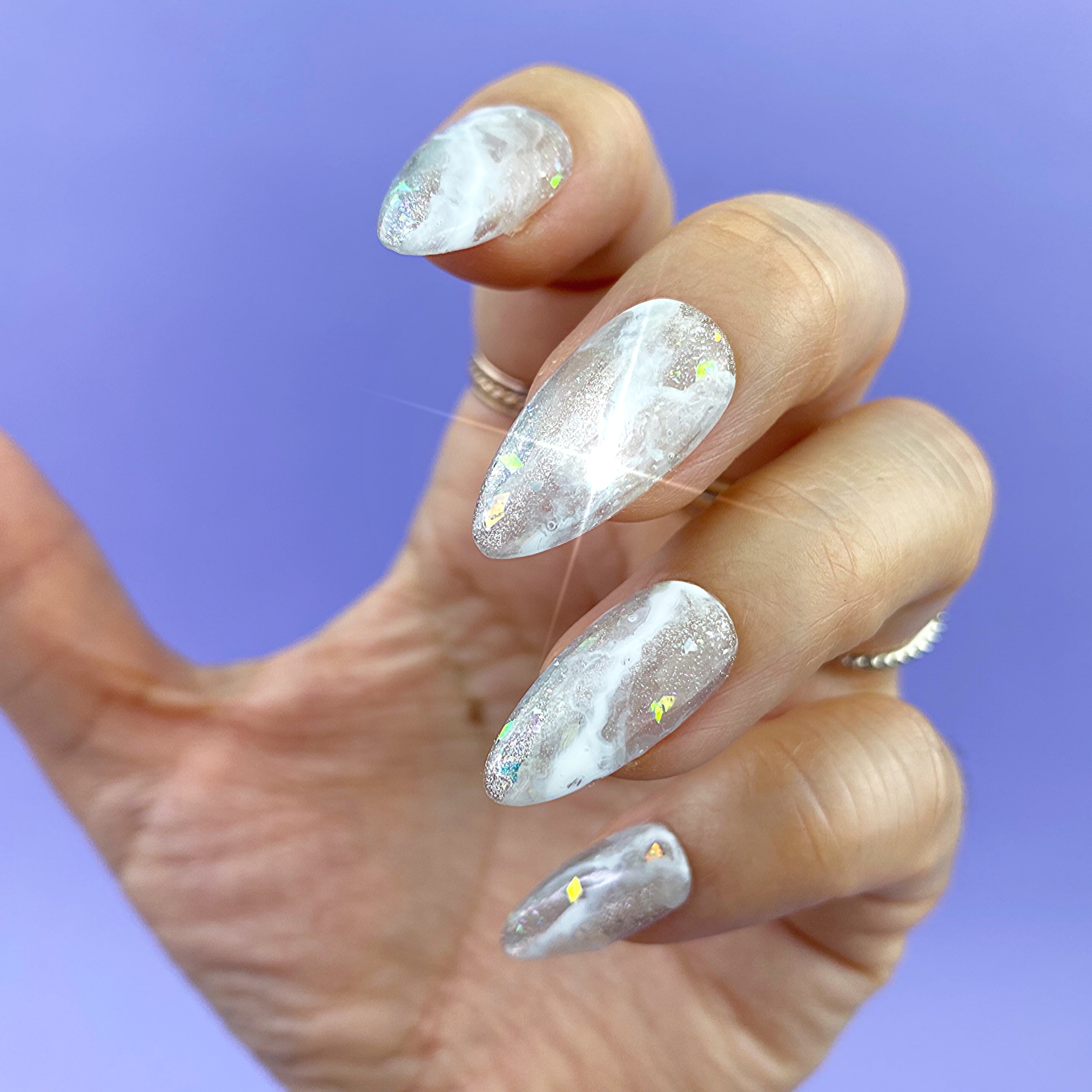 Handmade- OG Unicorn White Glitter Chrome Bling Crystal Press On Nail
