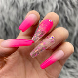 Handmade- Blush Fleur Soph Neon pink Ombre Flower Encapsulated Press On Nail Set
