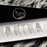 Handmade- Glossy White Pearl Glitter Bling Crystal Ombre Press On Nail Set