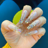 Handmade- Bijou Bijou Glossy Nude Glitter Ombre w/ Crystals Press On Nails