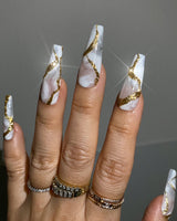 HANDMADE- WHITE QUARTZ WITH GOLD REFLECTIVE DETAIL PRESS ON NAILS
