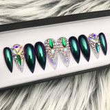 HANDMADE- TIA! PEACOCK GLOSSY CHAMELEON CHROME IRIDESCENT FOIL FLAKES W/BING CRYSTAL ACCENTS