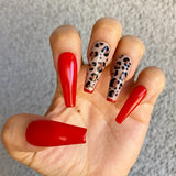 Handmade- Haute Leopard glossy red Solid Tipping Animal Print Press On Nail Set