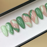 Handmade- Zen Wave, Green And Nude Press On Nails