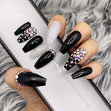 Handmade- Glossy Black Pearl Glitter Bling Crystal Ombre Press On Nail Set