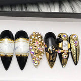 HANDMADE- YOUR HIGHNESS GLOSSY BLACK WHITE MARBLE GOLD FOIL BLING CRYSTAL ACCENT PRESS ON NAILS