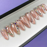 Handmade- Nude Valentines Chrome Marble Crystal Bling Press On Nail Set