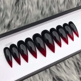 Handmade- Vamp Glossy Black Blood Red Ombre Press On Nails Halloween