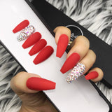 Handmade- Solid Classic Matte Red w/ Bling Crystal Accent Press On Nail Set