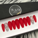 Handmade- Solid Classic Matte Red w/ Bling Crystal Accent Press On Nail Set