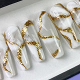 HANDMADE- WHITE QUARTZ WITH GOLD REFLECTIVE DETAIL PRESS ON NAILS