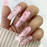 Handmade- Pink Quartz w Rose Gold Reflective Gel Press On Nail Set