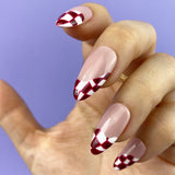 Handmade- Twister Burgundy N White, Grand Prix Checker Press On Nails