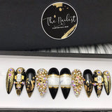 HANDMADE- YOUR HIGHNESS GLOSSY BLACK WHITE MARBLE GOLD FOIL BLING CRYSTAL ACCENT PRESS ON NAILS