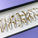 HANDMADE- WHITE QUARTZ WITH GOLD REFLECTIVE DETAIL PRESS ON NAILS