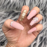 Handmade- Matty Pink Nude gold Glitter Soph Pink Crystal Bling Ombre Press On Nail Set